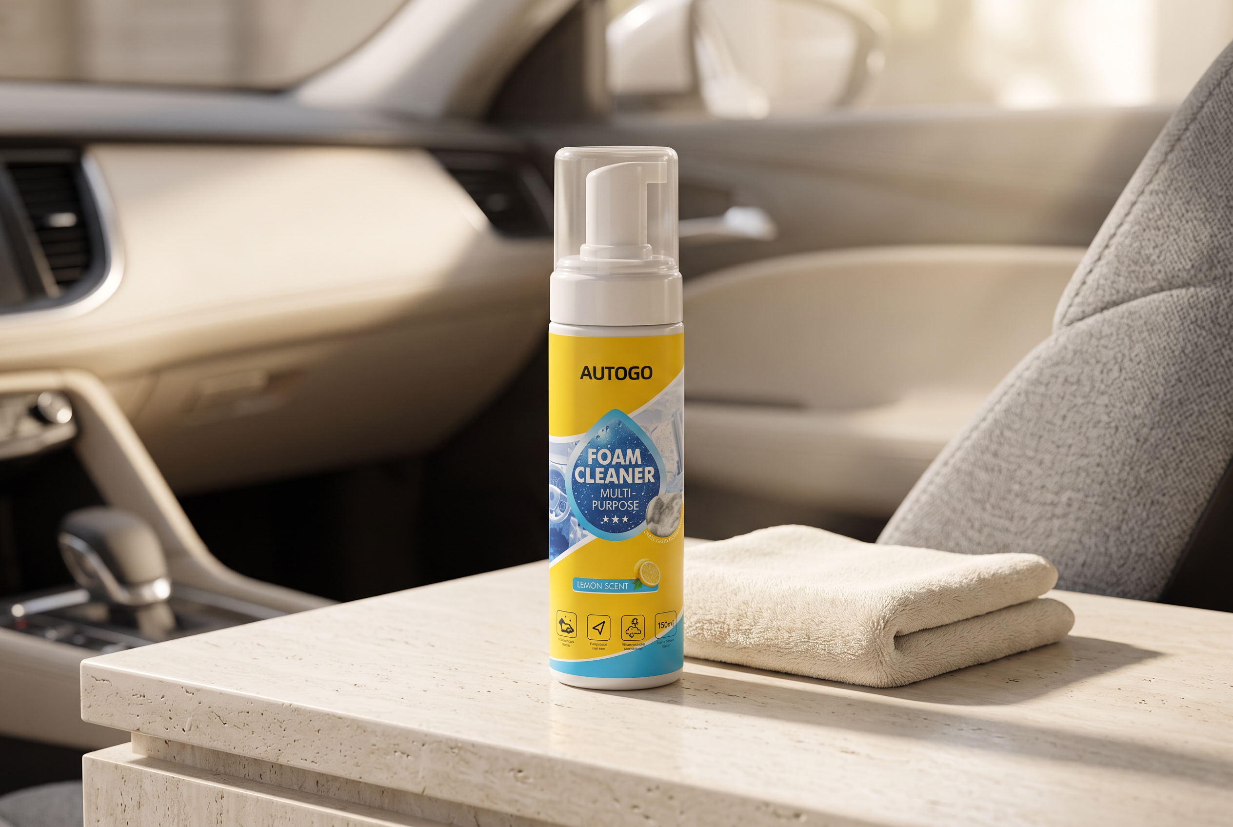 Foam Ritual beside a folded cloth in a calm car interior